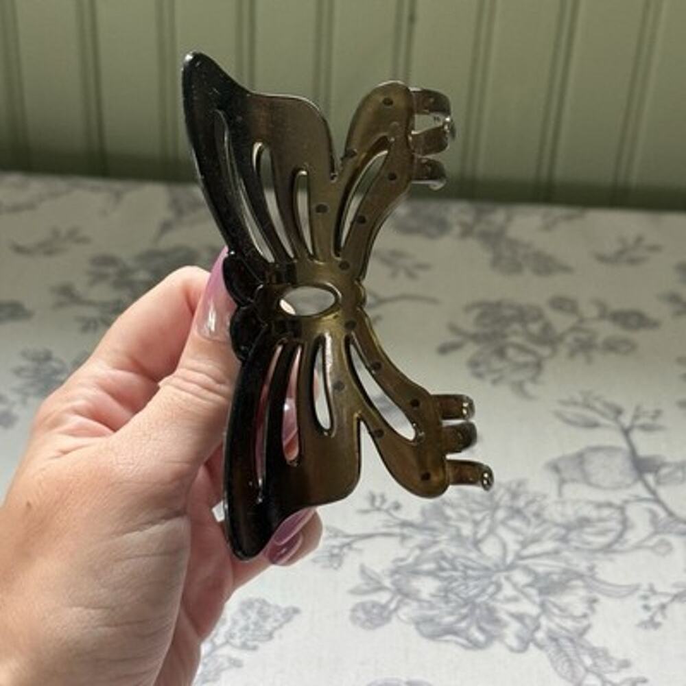 VTG Y2K Hair Clip Claw Green Metallic Gold Iridescent Butterfly Acrylic